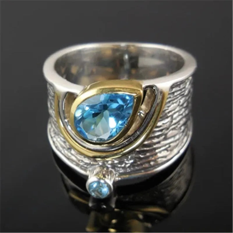 Blue zircon drop-shape Chinese style ring with inlaid rhinestones on alloy band