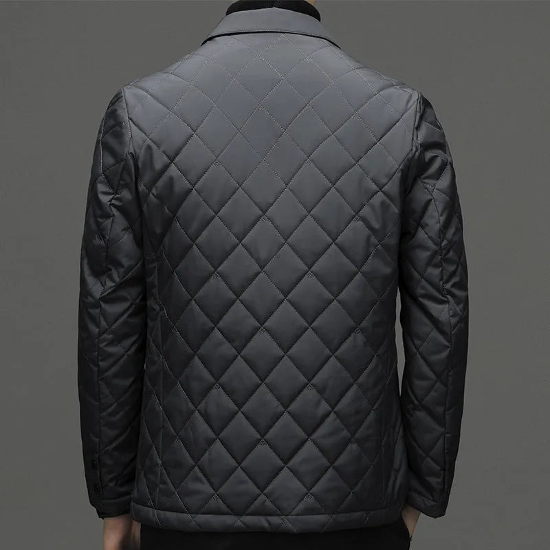Men's black down jacket with cardigan lapel and side seam pockets