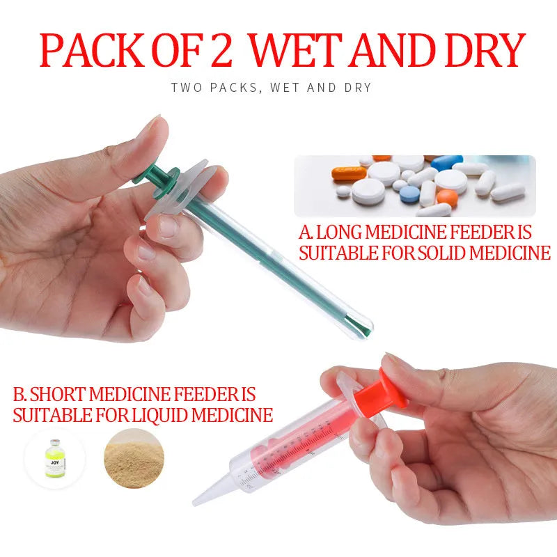 Two silicone pet pill shooters with soft tips, one larger and one smaller, for administering tablets to cats and dogs.