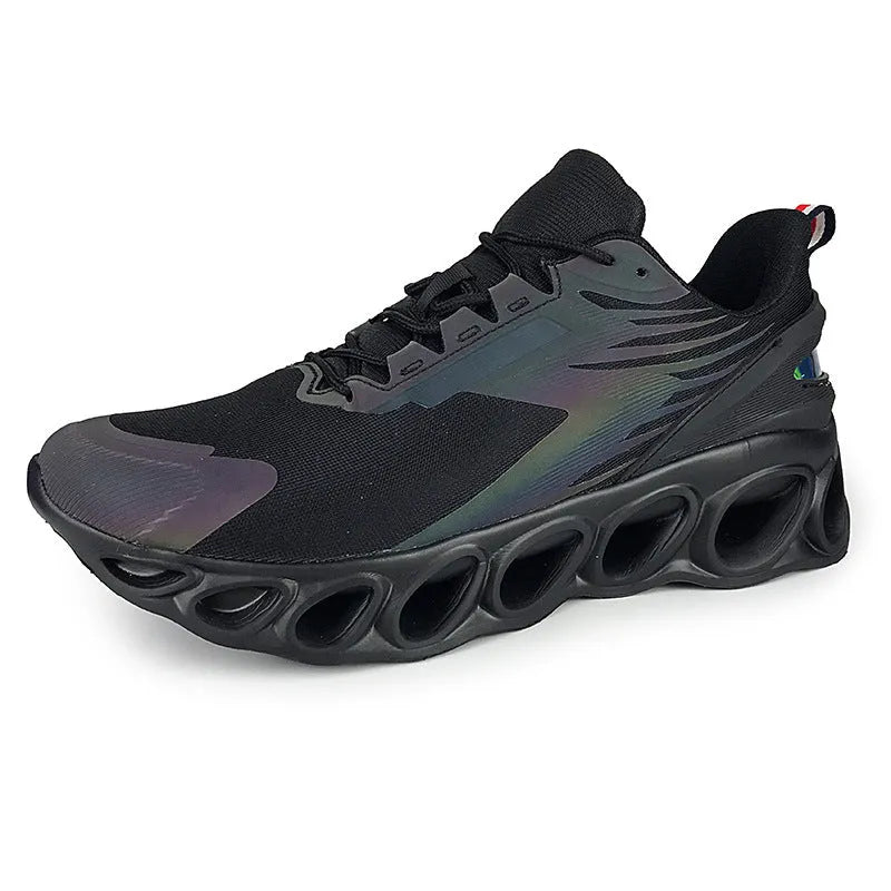 Men's low top casual sports shoes in mesh with a lightweight EVA sole, shown in black, white, and dark blue.