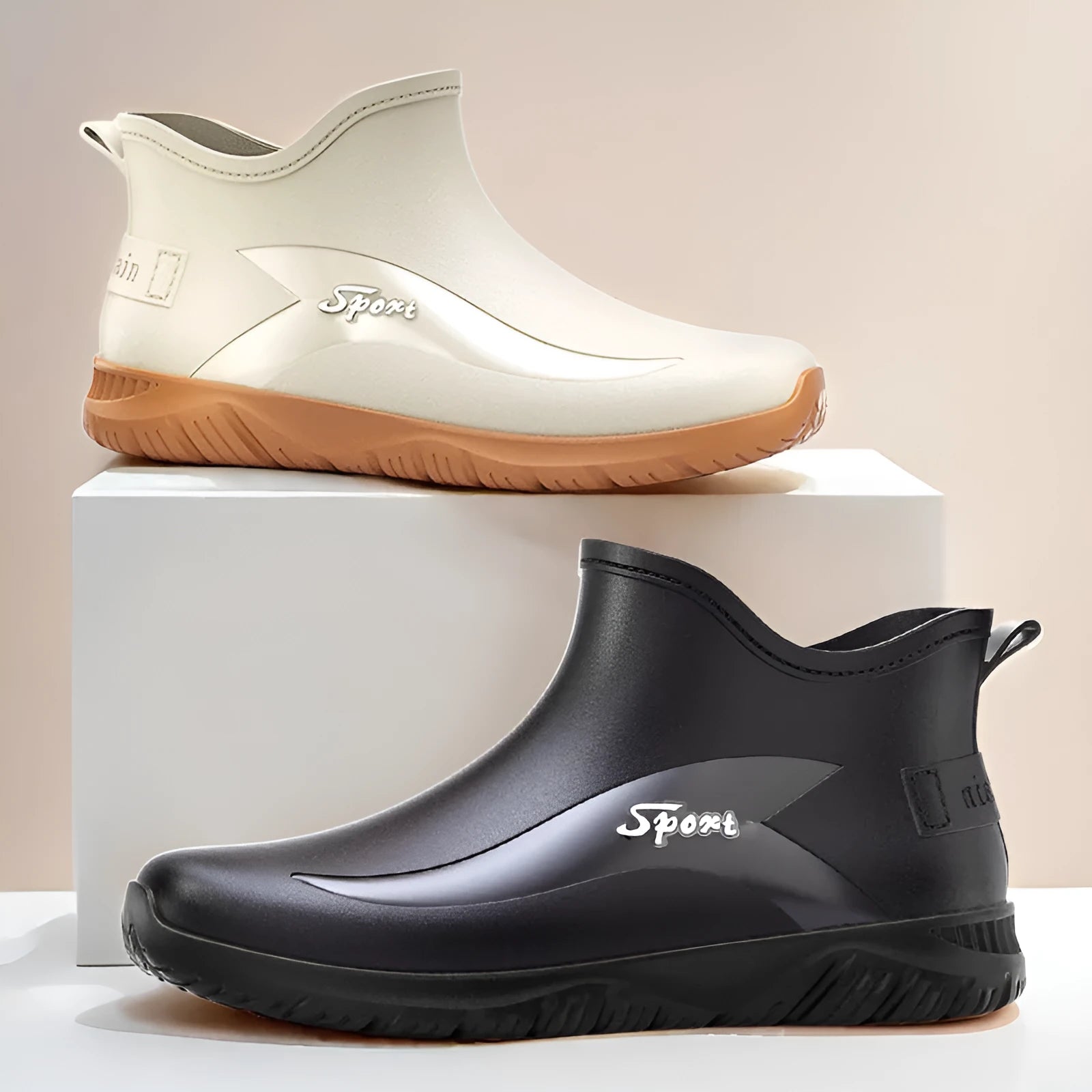 Men's short ankle-height PVC rubber boots with a flat non-slip sole