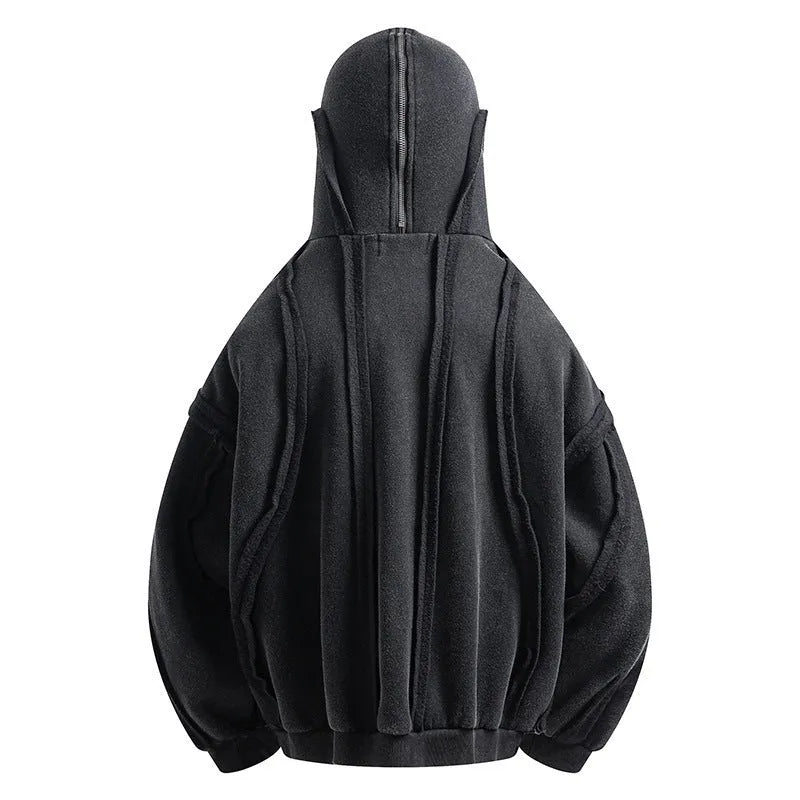 Black padded cotton hooded coat with abstract pattern and zip front in loose retro style