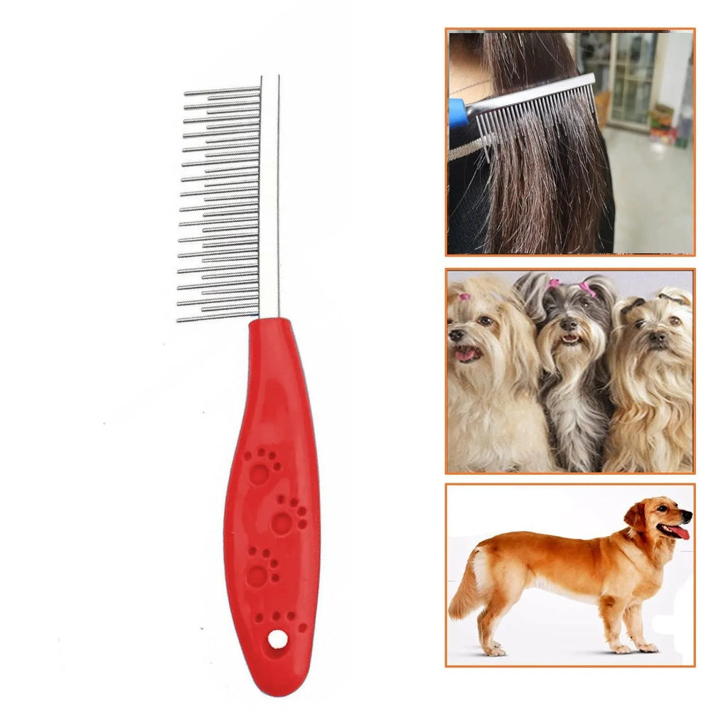 Red handled pet grooming comb with dual-length stainless steel teeth for dematting dogs and cats.