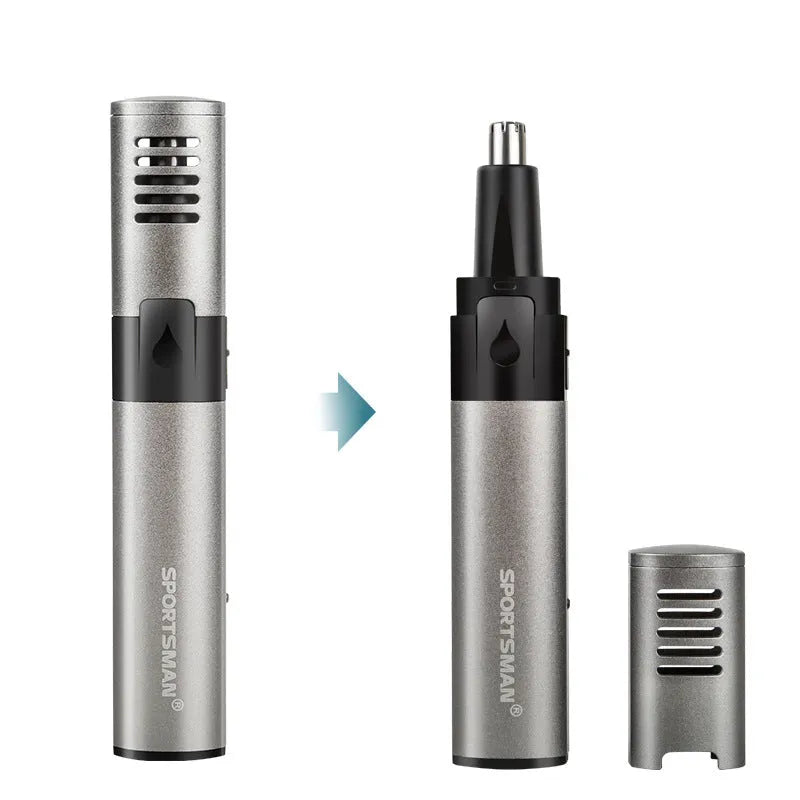 Silver grey metal aluminium tube USB rechargeable nose hair trimmer on clean background