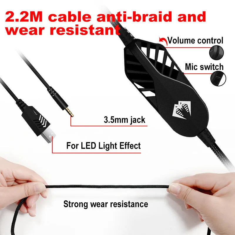 Wired gaming headset with LED breathing lights and microphone in blue, pink, red or white colour