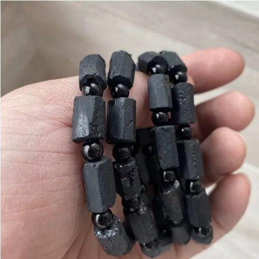 Natural black tourmaline rough stone bracelet with approximately 9mm beads