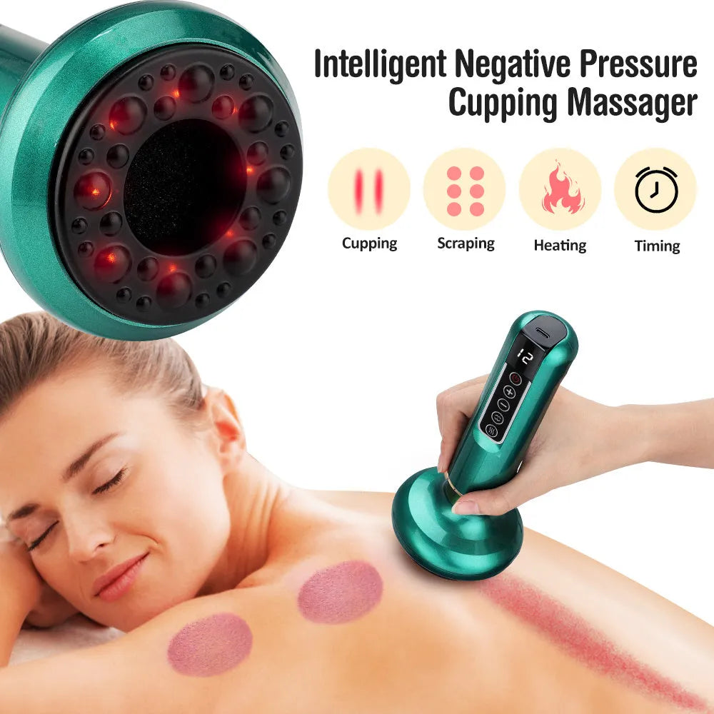 Green electric vacuum cupping massager device with USB charging cable