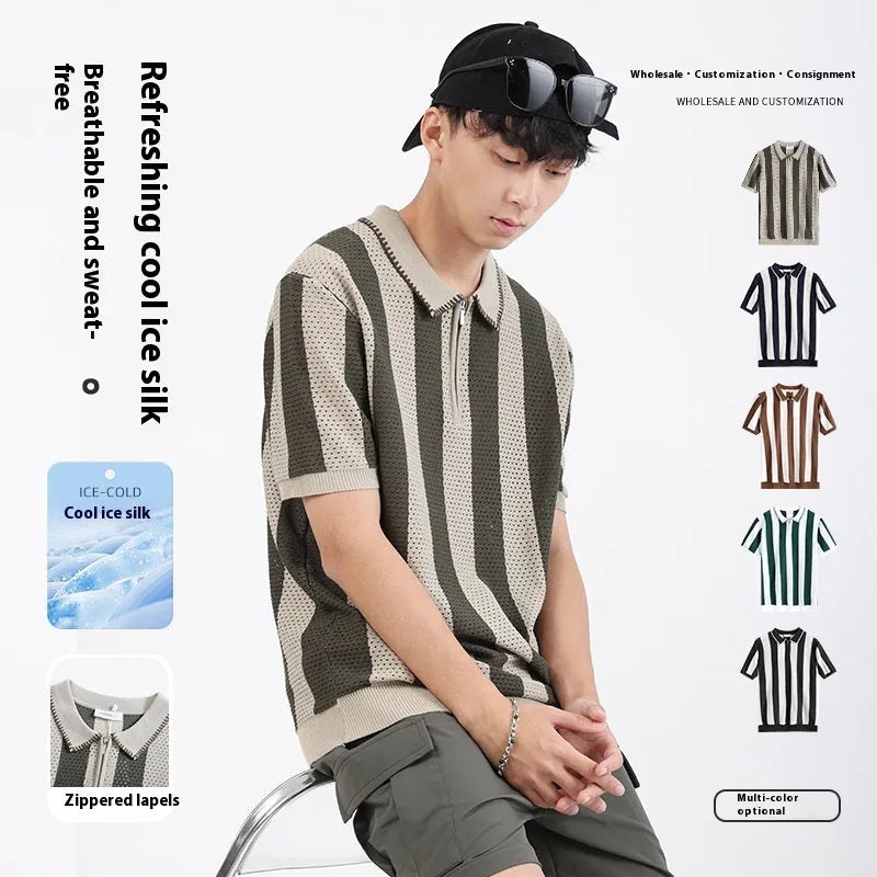Man wearing short sleeve striped sweater with zipper decoration detail in viscose fabric