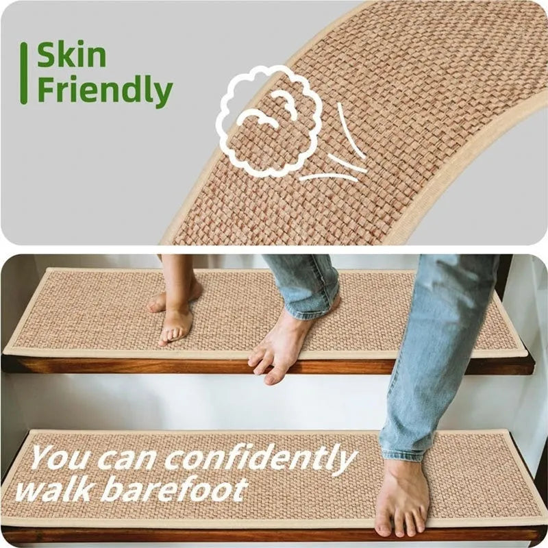 Japanese-style linen-look stair runner mat in camel colour on a wooden step.