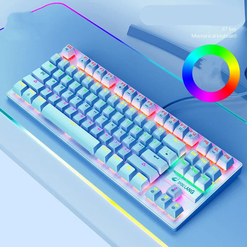 Gaming mechanical keyboard in black, white, blue, or pink colour with ABS housing and simple design.