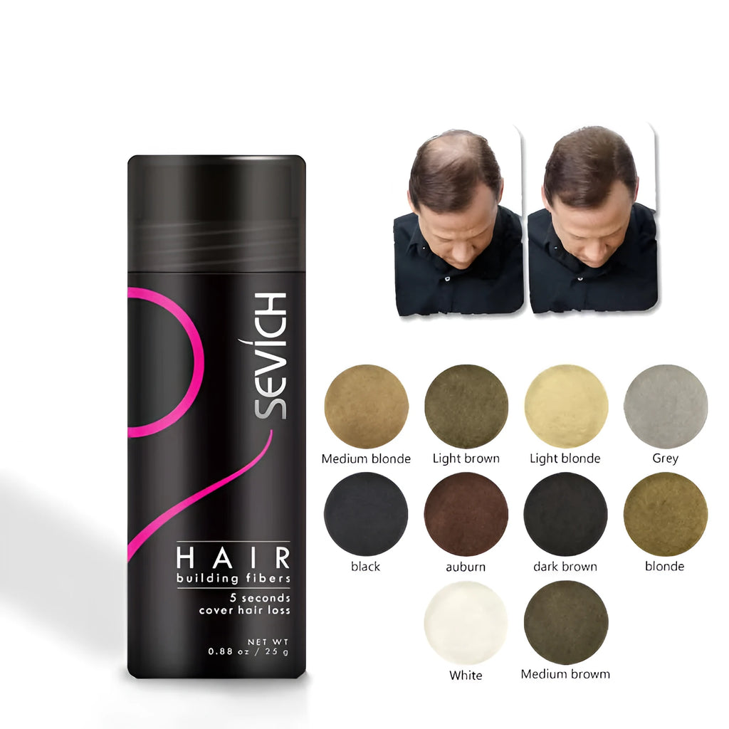 Hair thickening powder in multiple colour options with 12g and 25g sizes for thinning hair volume