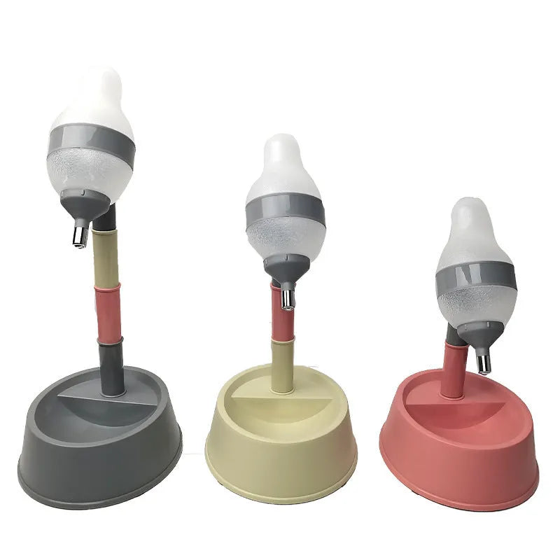 Green adjustable height pet water dispenser with detachable pole and ball-tip drinking nozzle.