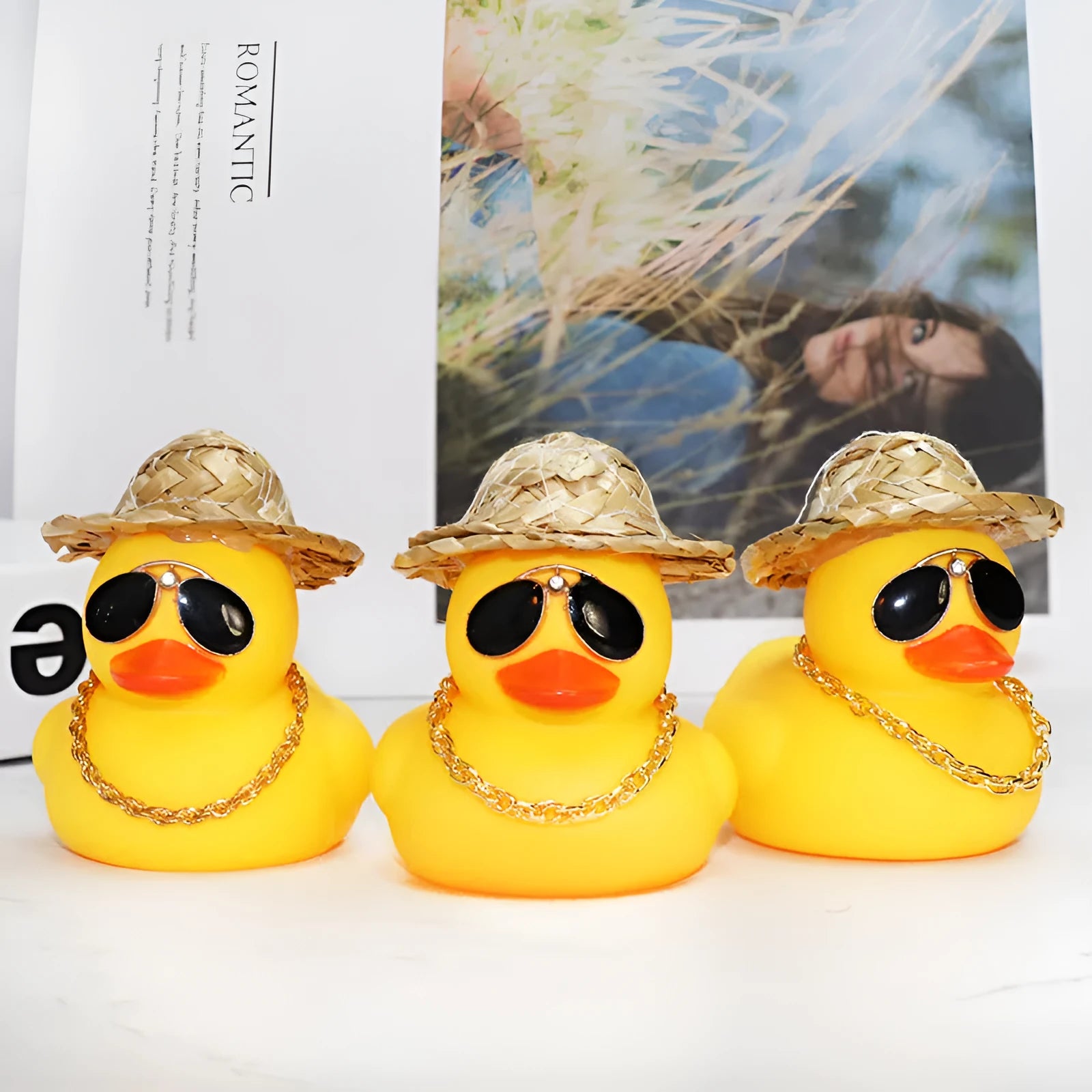 Straw Hat Yellow Duck cartoon car ornament with removable sunglasses necklace on dashboard