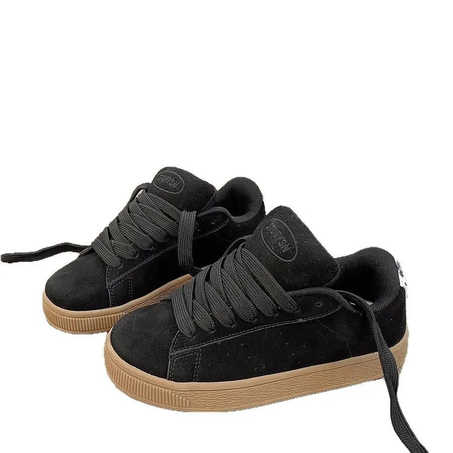 Black retro low-top sneakers with waterproof platform and English muffin heel