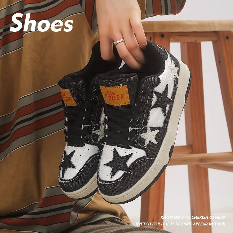 Casual denim skateboard shoes in black, green, or pink with a flat rubber sole and lace-up front.