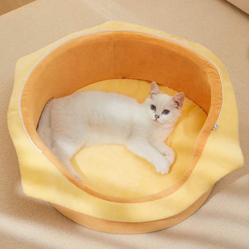 Grey indoor cat kennel with removable roof and plush cushion, shown in medium size