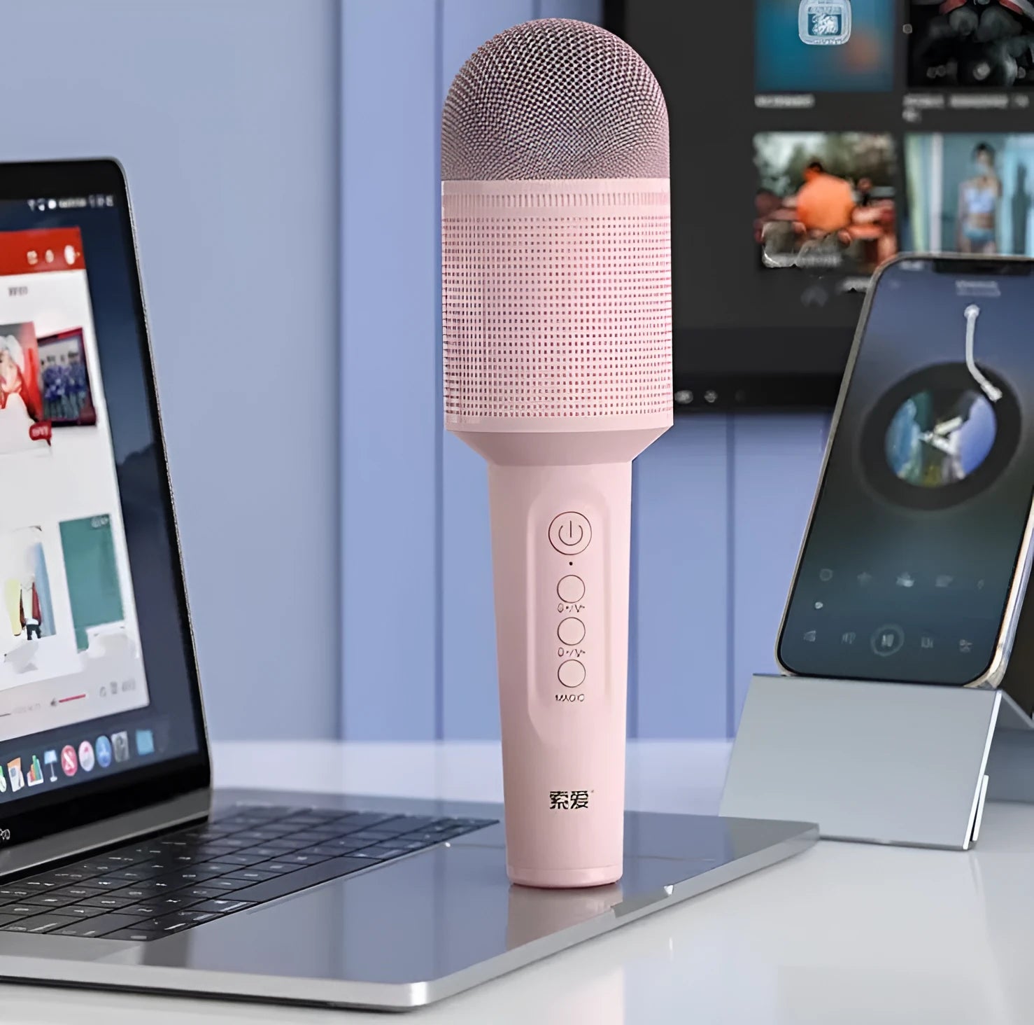 USB Bluetooth karaoke microphone in blue, green, or pink colours with integrated audio system