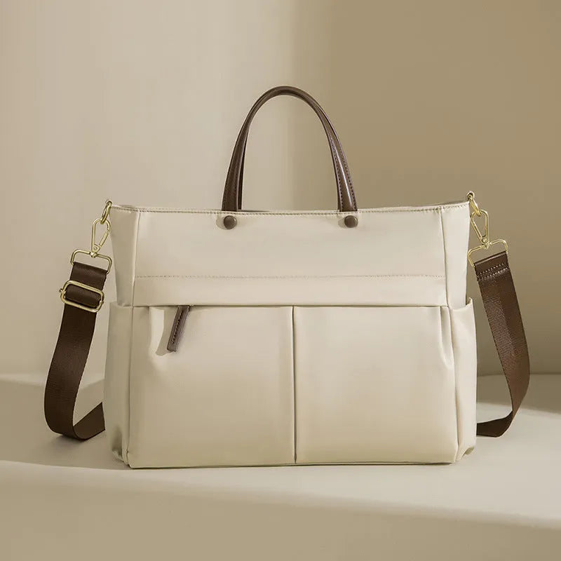 Women's Oxford cloth briefcase laptop bag with contrast stitching in elegant black colour