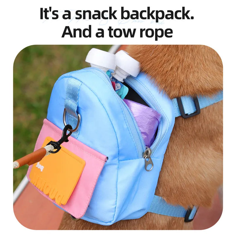 Blue adjustable dog backpack with snack storage compartments and breathable mesh panels