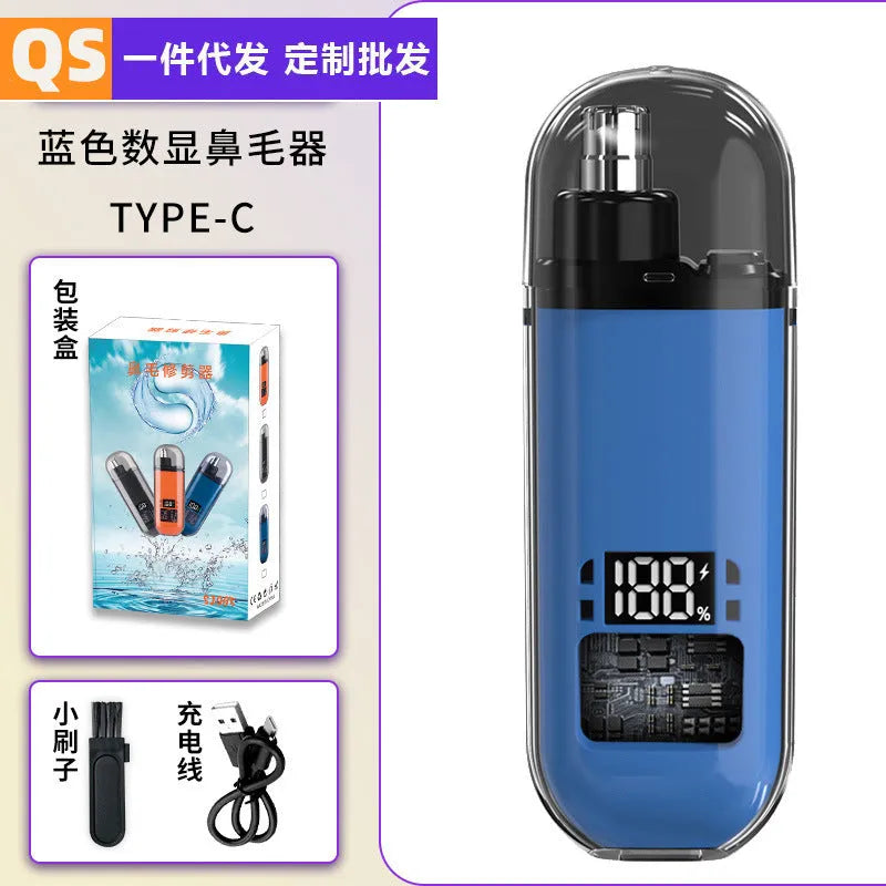 Rechargeable nose hair trimmer with removable stainless steel cutter head and digital display.