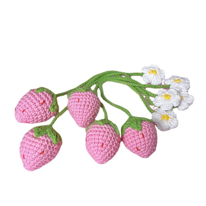Red knitted wool crochet strawberry pendant with 35cm cord for accessory decoration