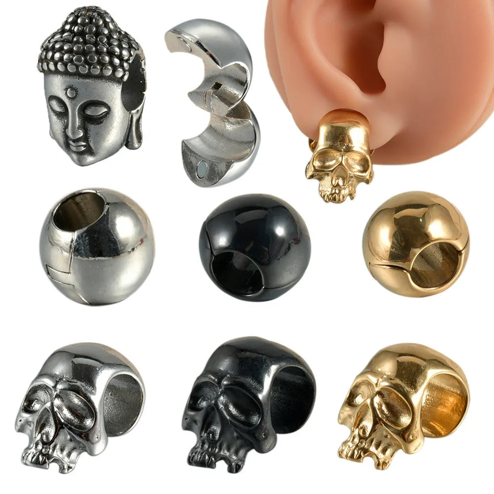 Stainless steel hollow skull Buddha earrings in geometric design with electroplated colour finish