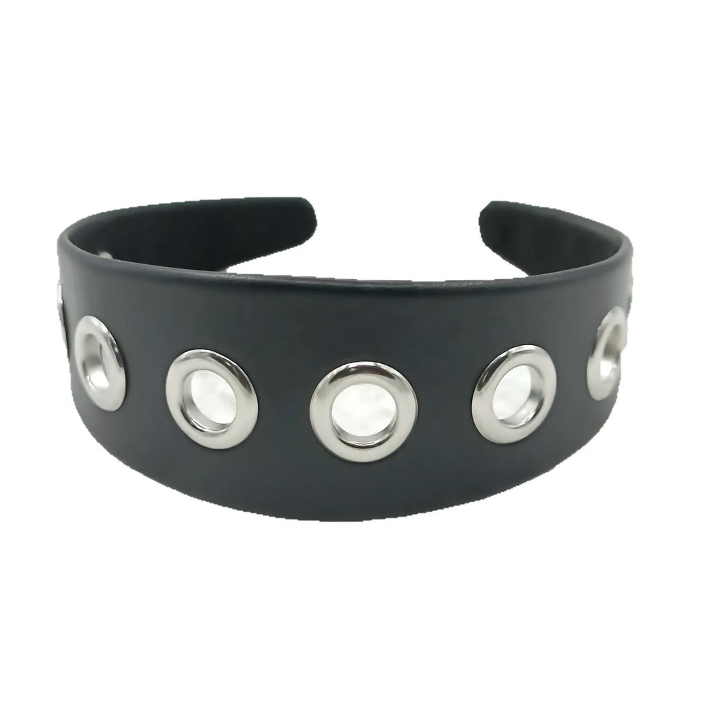Black artificial leather wide headband with round, square, and dotted rivets for women punk style
