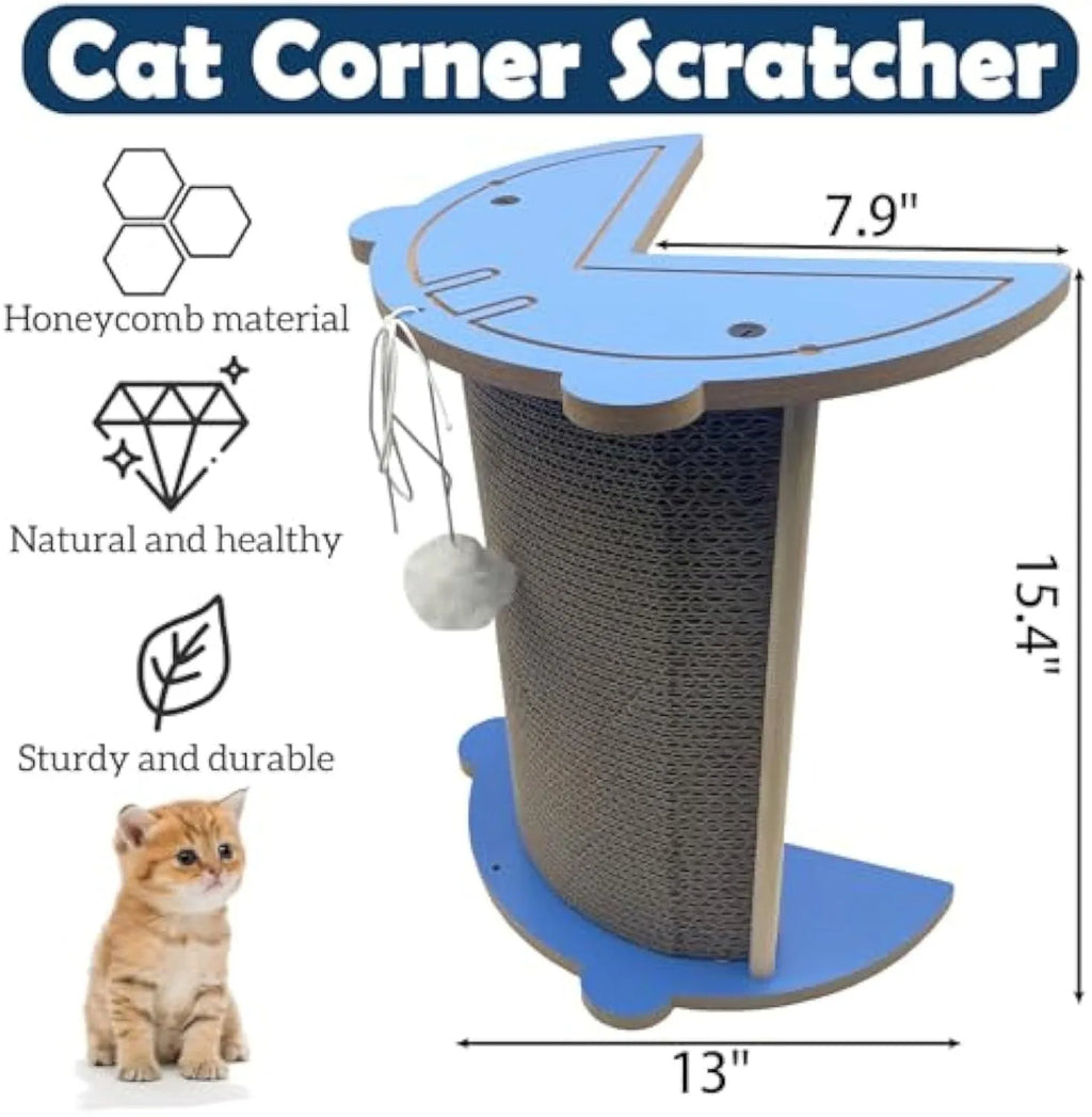 Triangular cardboard cat corner scratcher with hanging ball toy against wall