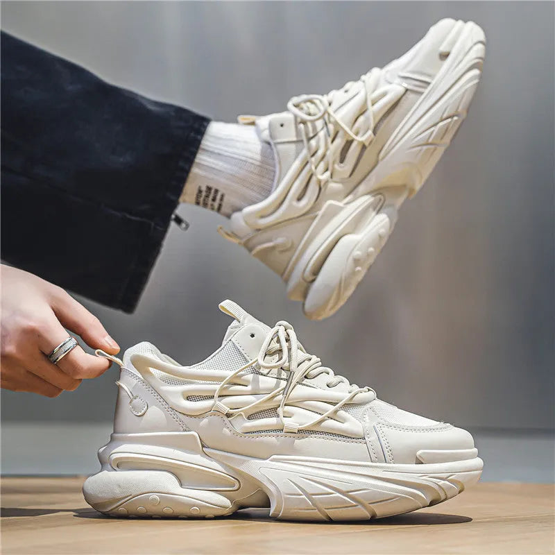 Men's beige sneaker with mesh and PU leather upper, round toe design and rubber sole