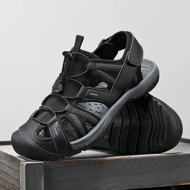 Men's blue and black casual sports shoes with Velcro closure and mesh upper