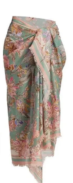 Women's floral print bikini set with skirt cover-up in creamy-white beige colour
