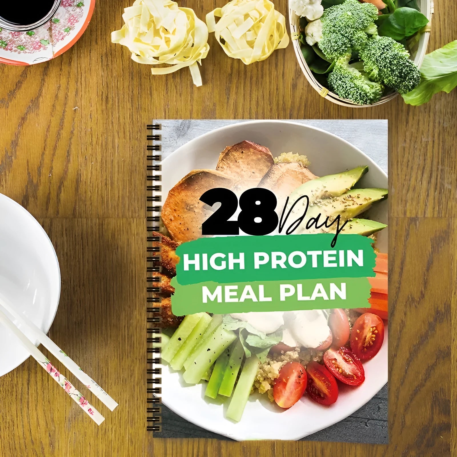 28-day high-protein diet plan book with A4 paper size and 28Day Dietary Plan cover colour on flat surface
