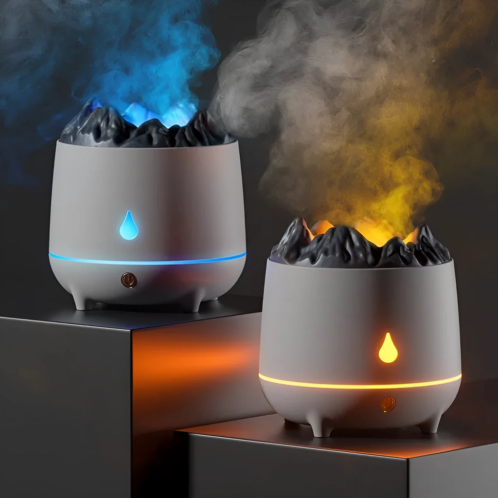Volcano-shaped ultrasonic humidifier in black colour with USB cable