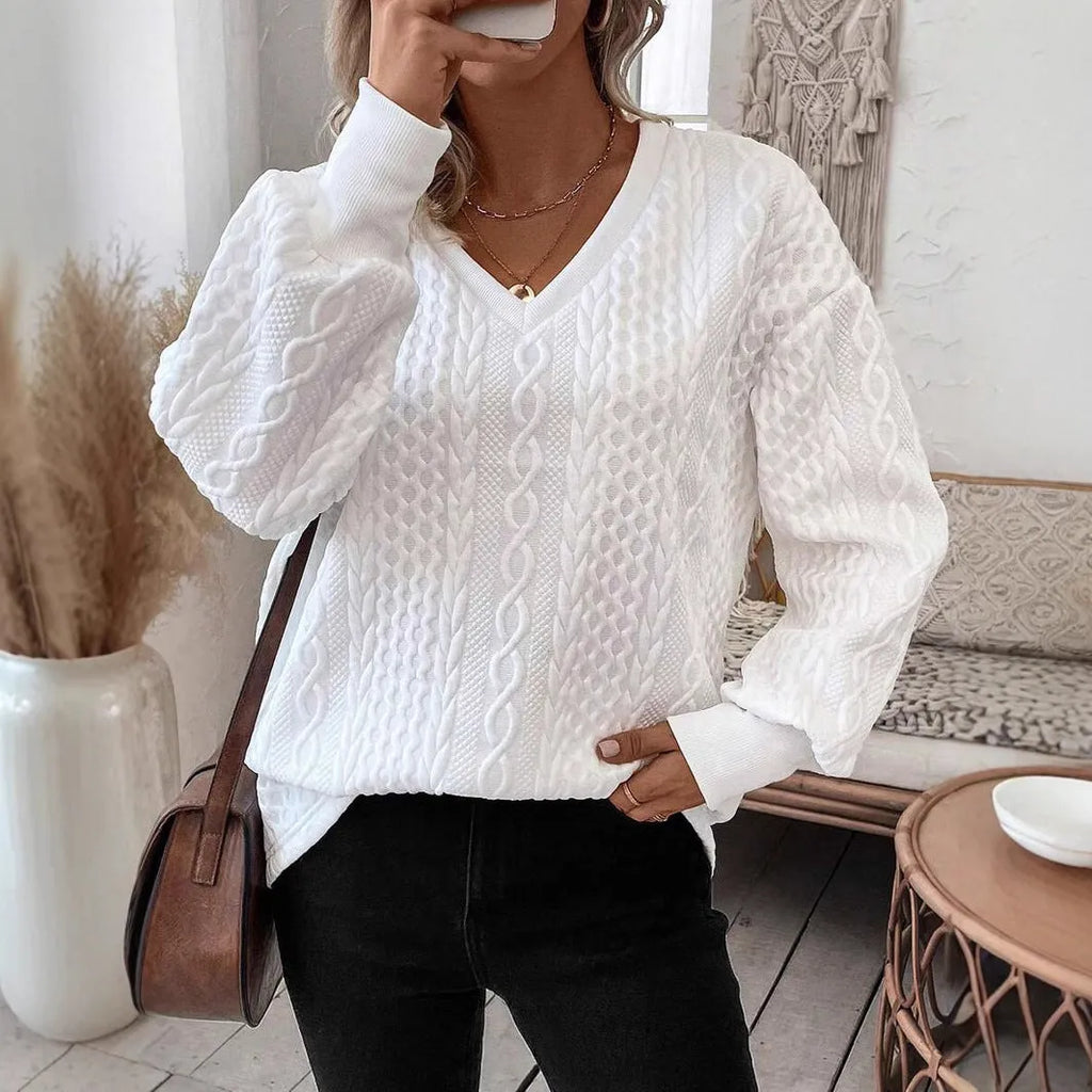 Milky white casual loose fit long sleeve t-shirt with 3D pattern design