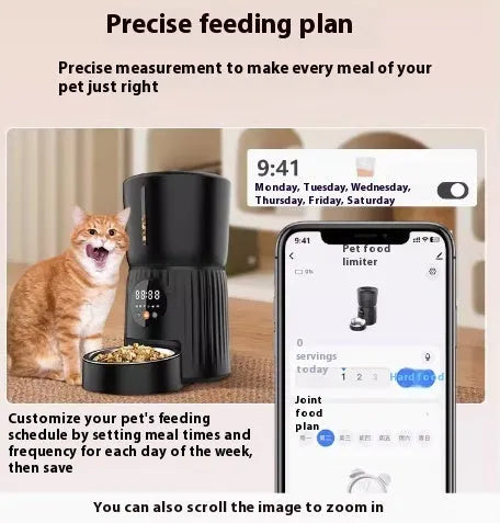 Black and white automatic pet feeder with digital display and food chamber for timed portion control