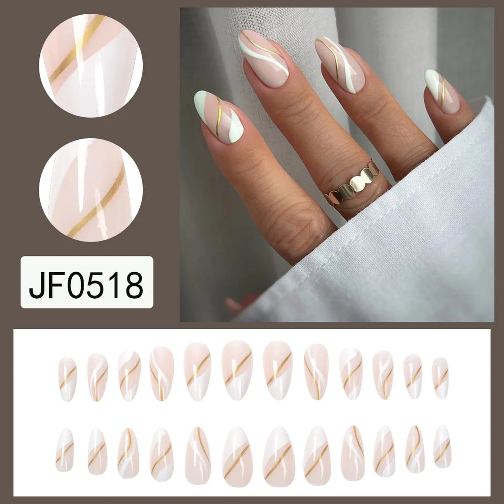 Wearable nail stickers with plaid pattern in medium drop shape, includes plastic application armour