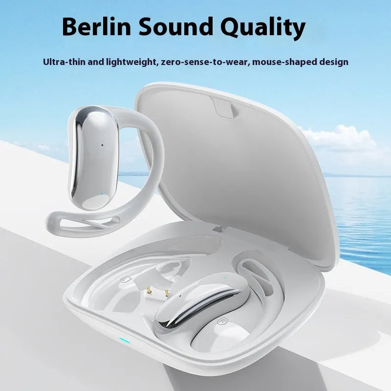 Ear-mounted open Bluetooth translation headphones in black with ear hook design and touch controls