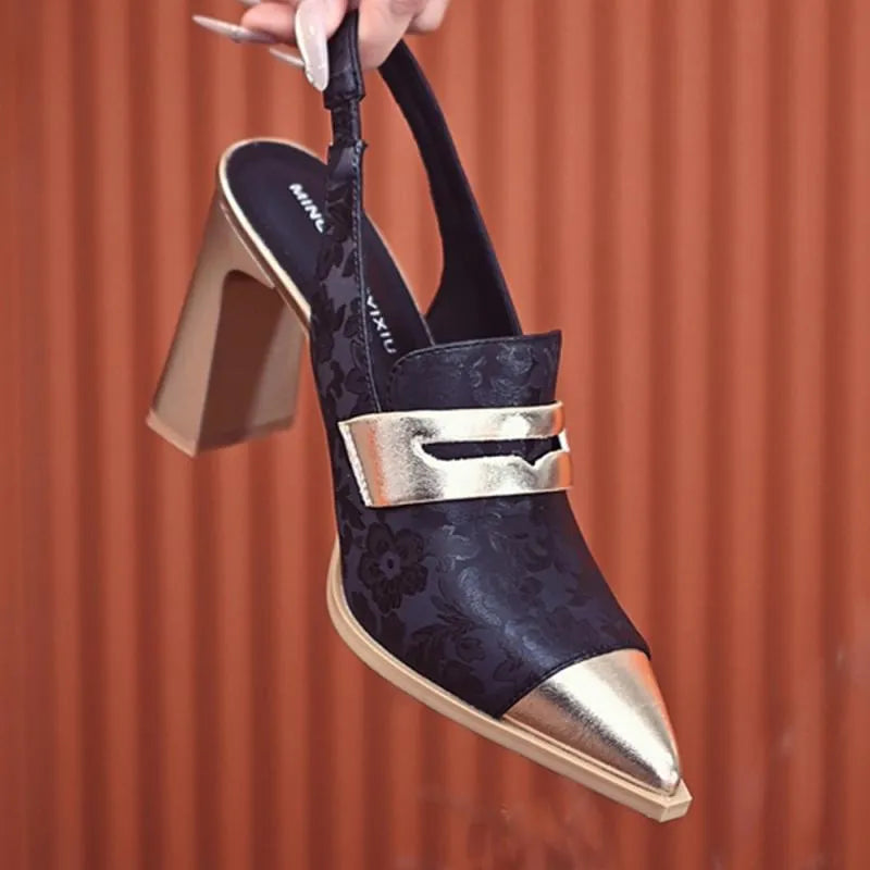 Korean style women's high-heel sandals with chunky heel, pointed toe, and an elasticated high-cut ankle strap.