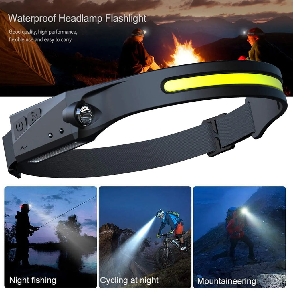 COB LED induction headlamp with silicone body, wide 230-degree beam, and separate long-distance side LED on a dark outdoor background