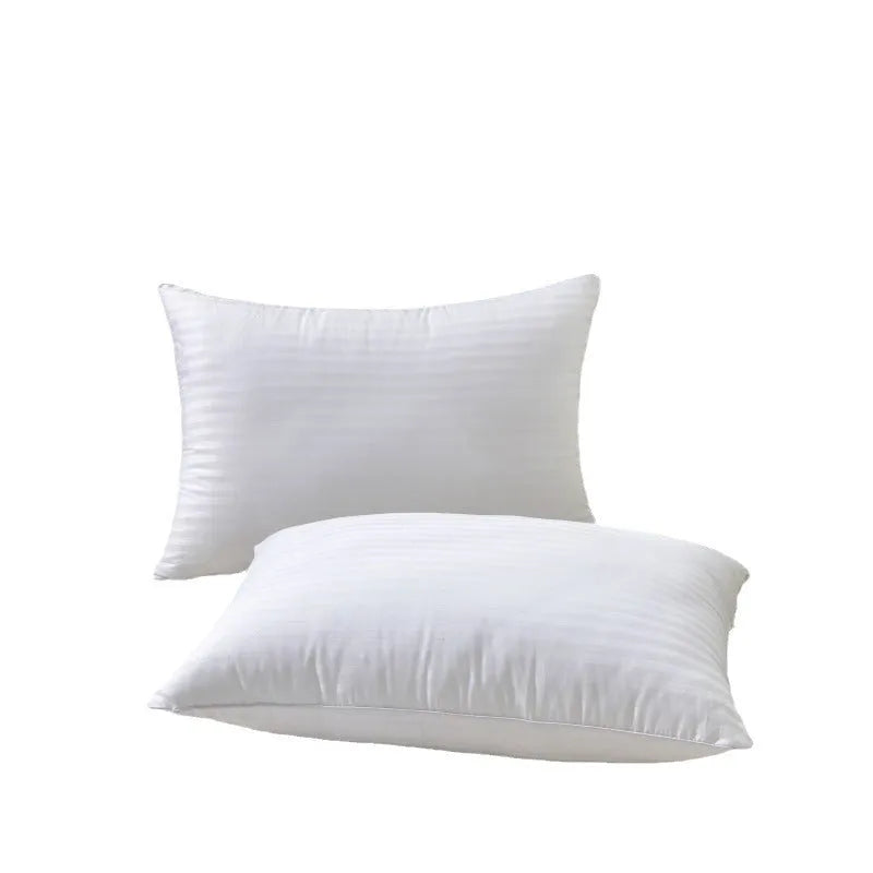 White cotton satin stripe pillow with feather cotton filling showing size options.