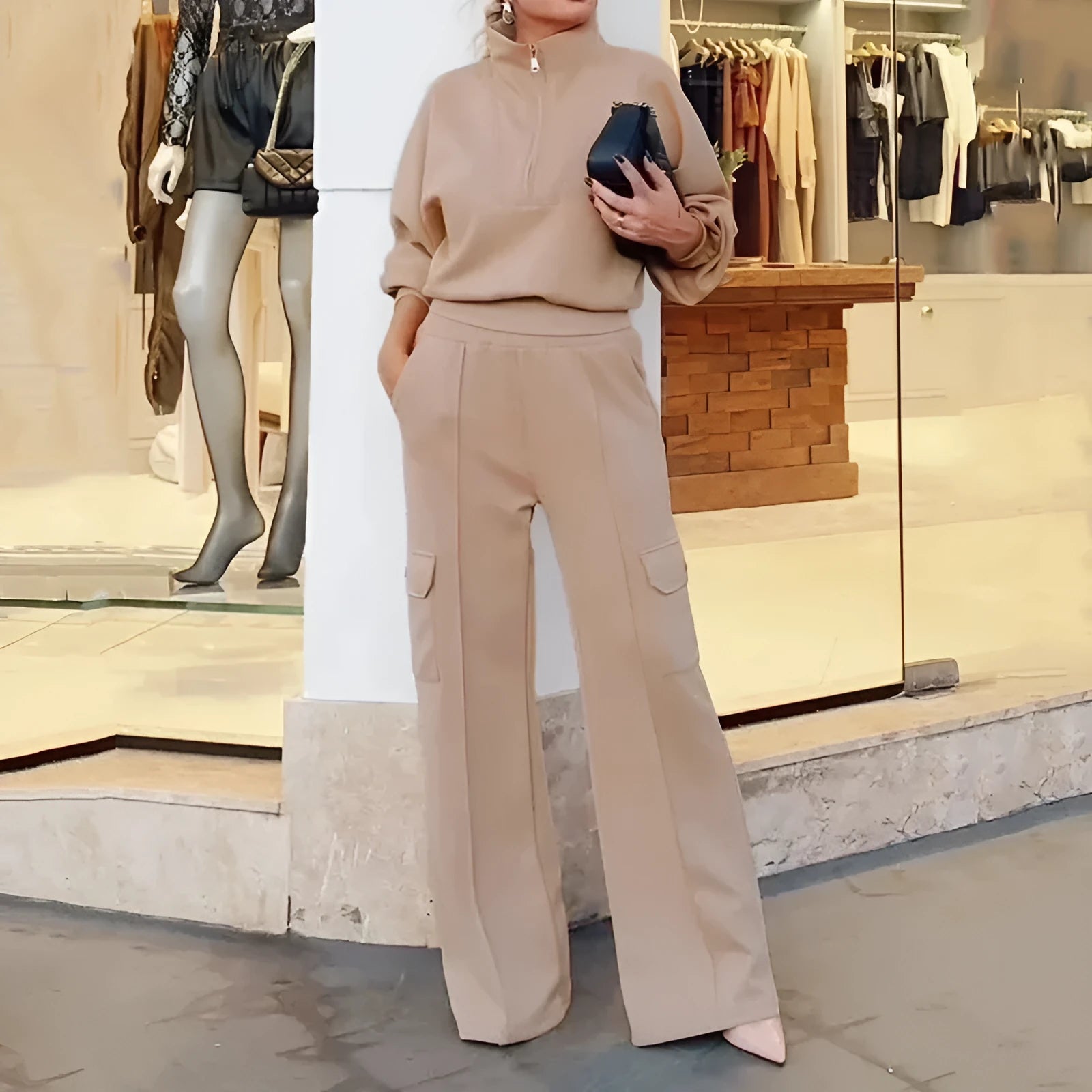 Women's light camel polyester two-piece set with lapel short top and high waist wide leg trousers