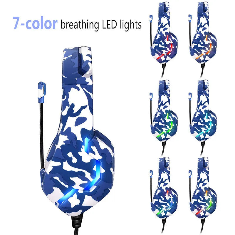 Wired gaming headset with camouflage design and braided cable showing 3.5mm plug and adapter