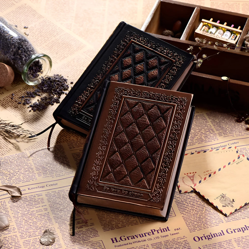 Embossed faux leather A5 notebook with three-dimensional texture in bronze or black gold colour