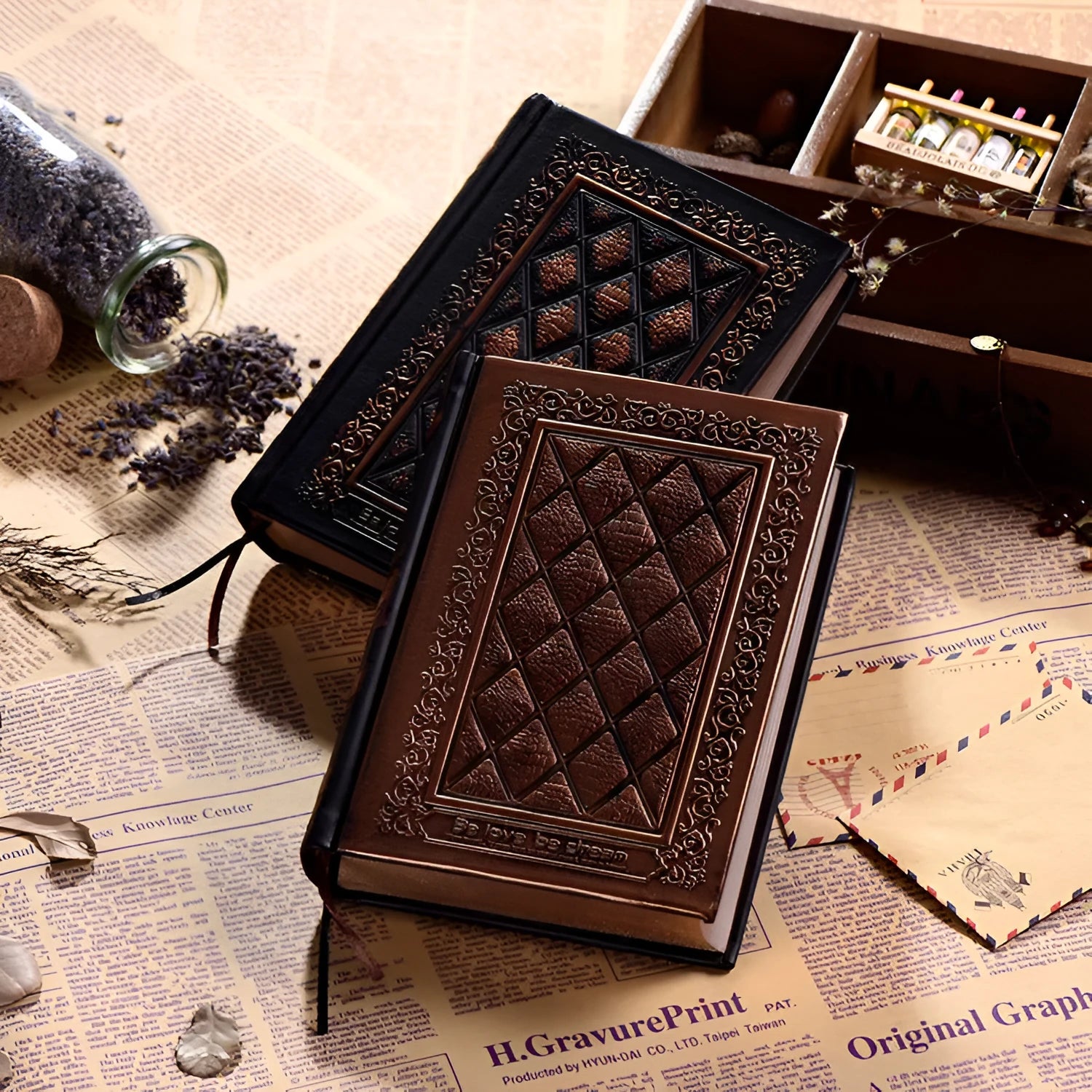 Embossed faux leather A5 notebook with three-dimensional texture in bronze or black gold colour