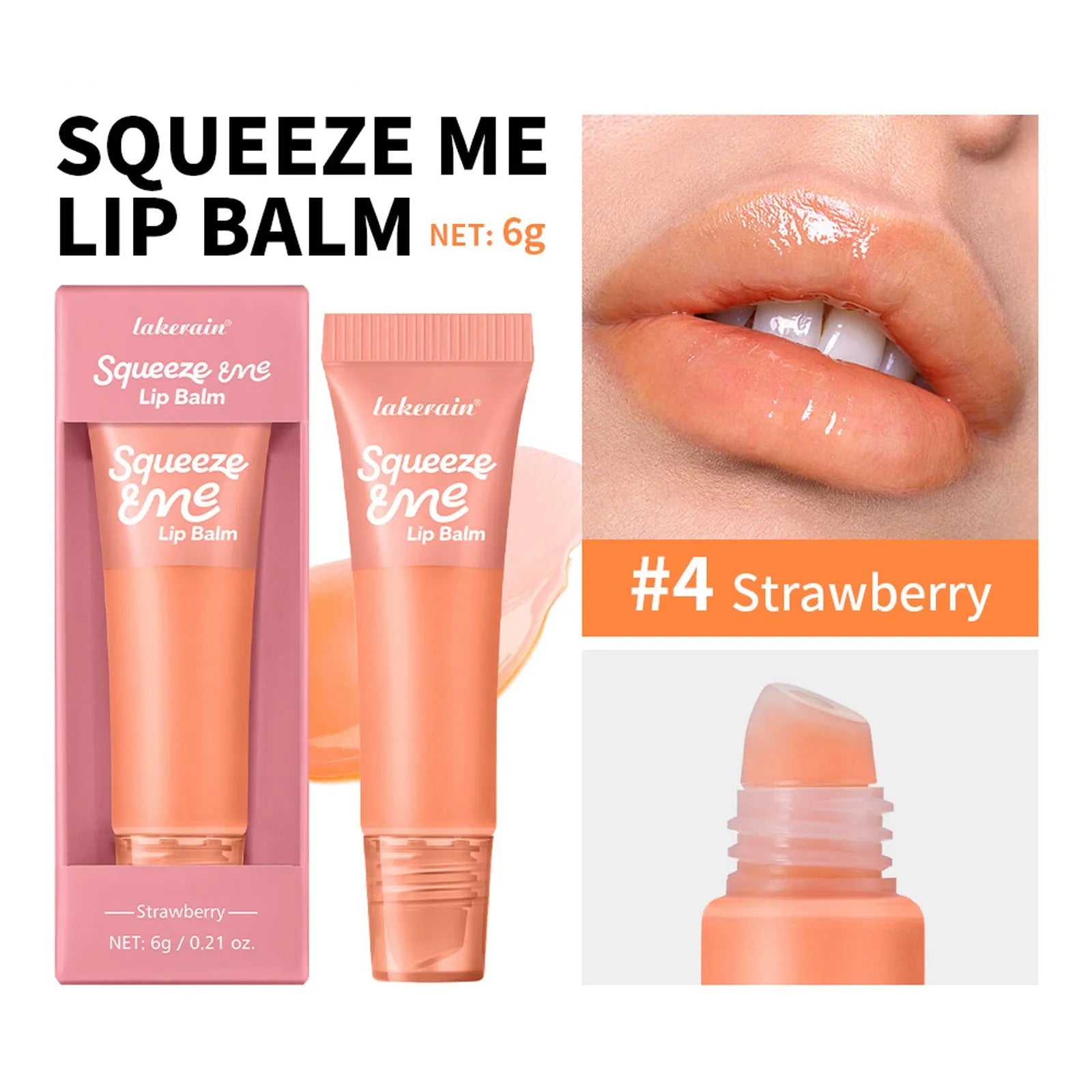 Sweet fruit flavour moisturising squeeze lip balm in 6g tube with five flavour options: Grape, Honeydew, Peach, Strawberry, and Vanilla Frosting