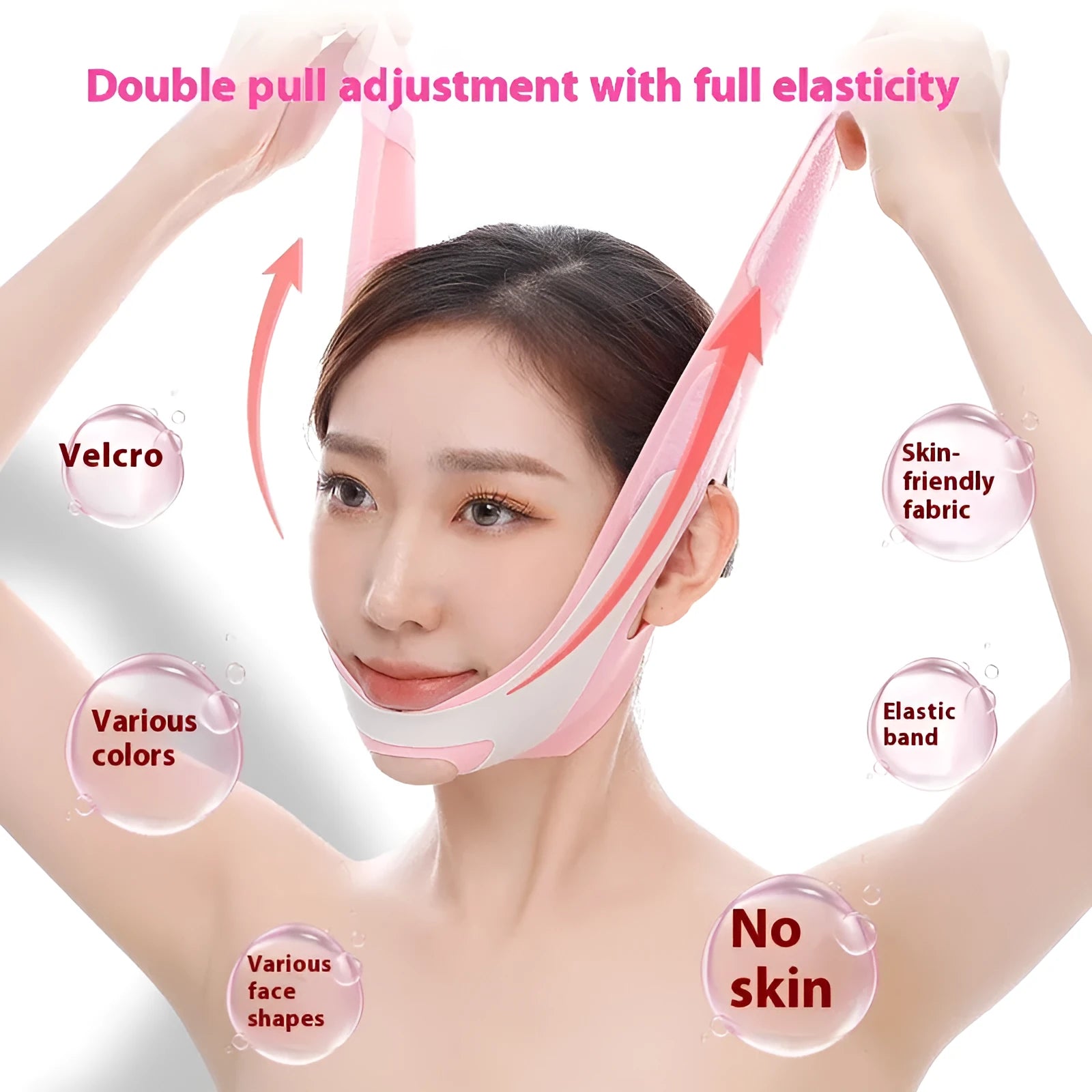 Elastic V face bandage facial care tool in pink or black colour with adjustable strap