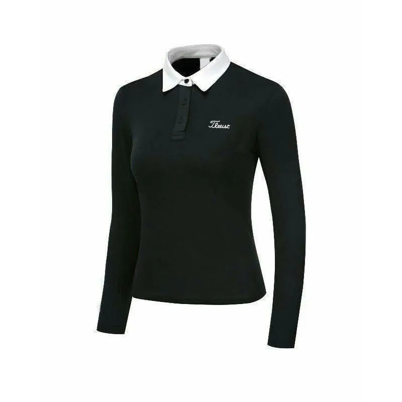 Women's white polyester long sleeve golf top with slim sports cut for outdoor activities