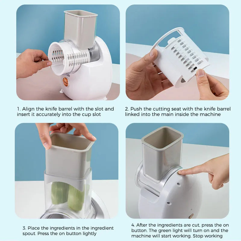 White electric vegetable slicer with strong suction base for potato carrot shredding and grating