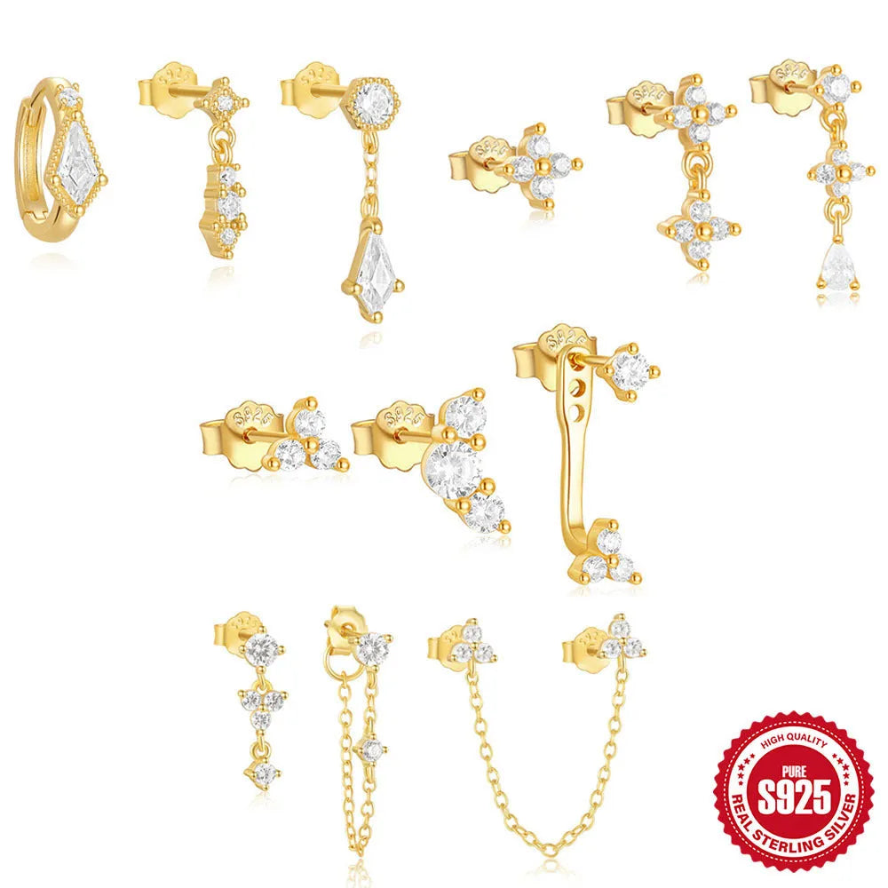 S925 sterling silver geometric zircon tassel earrings in multiple gold colours
