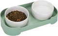 Ceramic elevated cat bowls with 15-degree tilted design in green, white, or yellow colour options